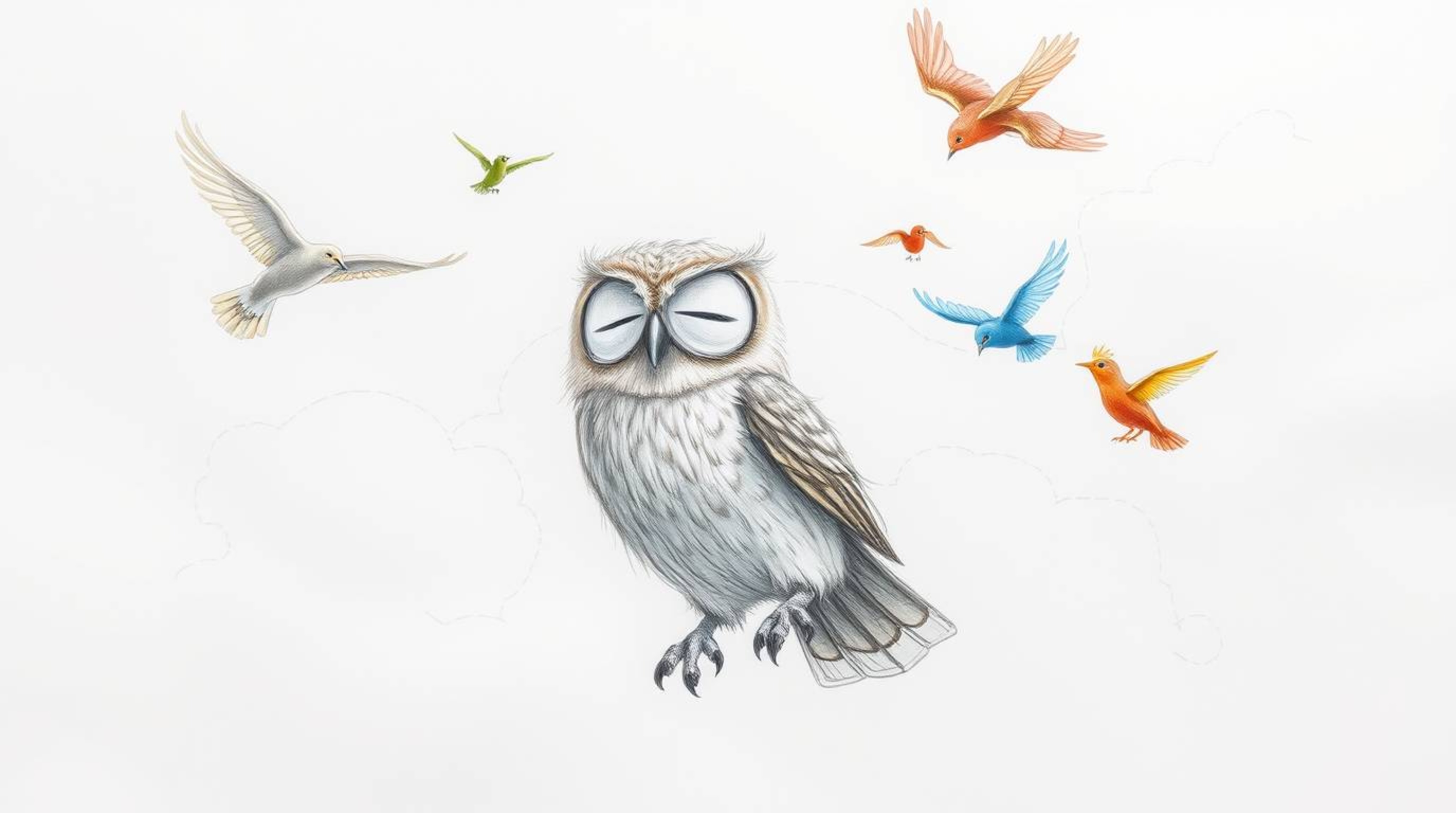 A heartwarming hand-drawn sketch in the style of Pixar, depicting a wise-looking blind owl with soft, downy feathers impartin