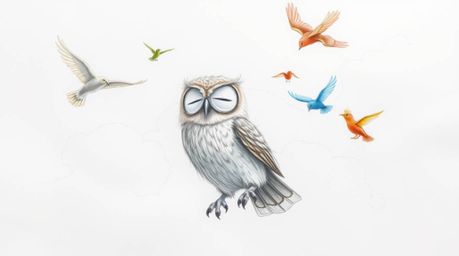 A heartwarming hand-drawn sketch in the style of Pixar, depicting a wise-looking blind owl with soft, downy feathers impartin