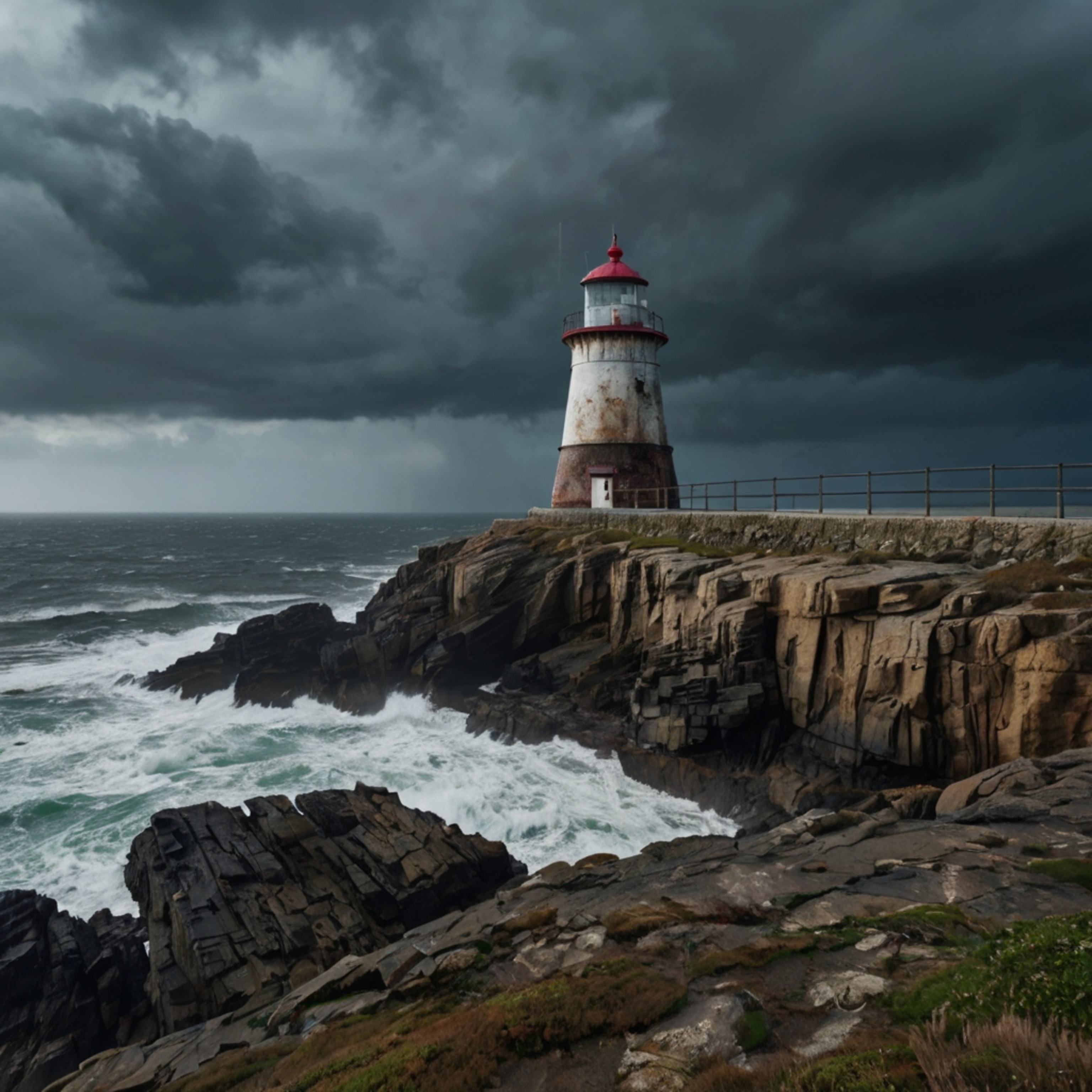 A weathered lighthouse stands proudly on a rugged cliff, offering a stunning vista of the vast ocean. In the distance, dark c