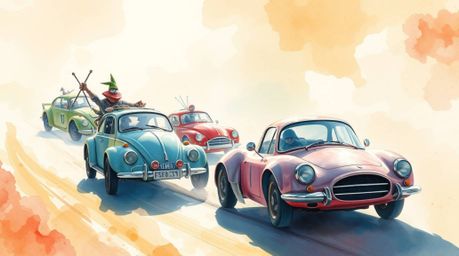 A whimsical watercolor painting depicts a wacky racing scene featuring outlandish cars.  Translucent washes and fluid brushst