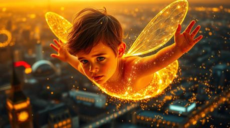 This captivating piece of creative light art depicts a young boy with ethereal features and glowing skin, gracefully flying a