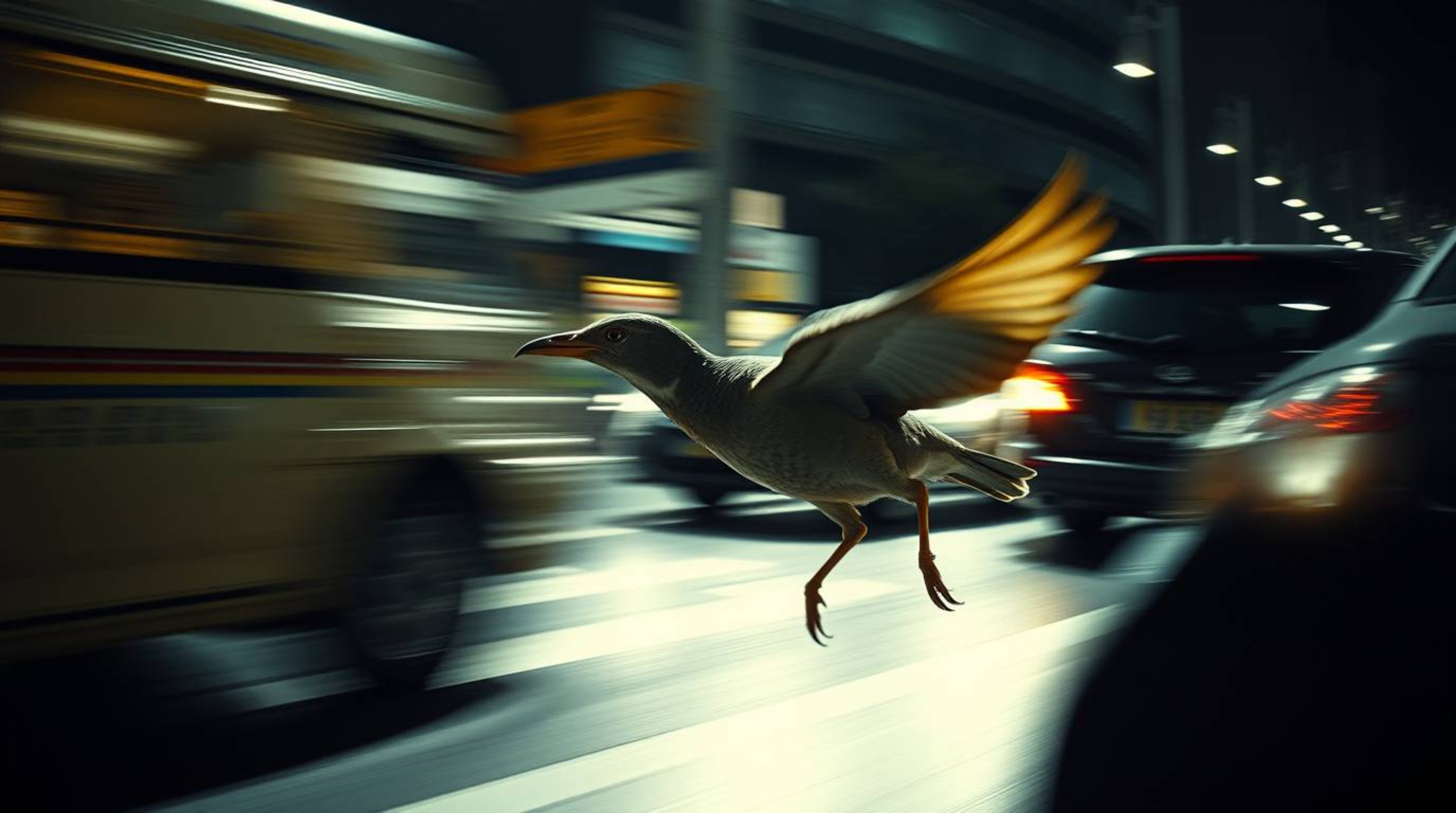Experience the thrill of a fast-running bird, captured in a dramatic cinematic style. Witness its daring escape past bustling