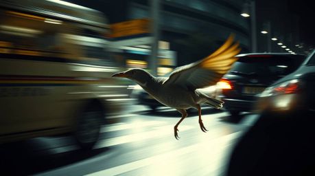Experience the thrill of a fast-running bird, captured in a dramatic cinematic style. Witness its daring escape past bustling