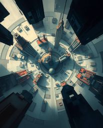Explore a captivating abstract cityscape through low-angle perspectives and top-down views, revealing a dynamic digital sketc