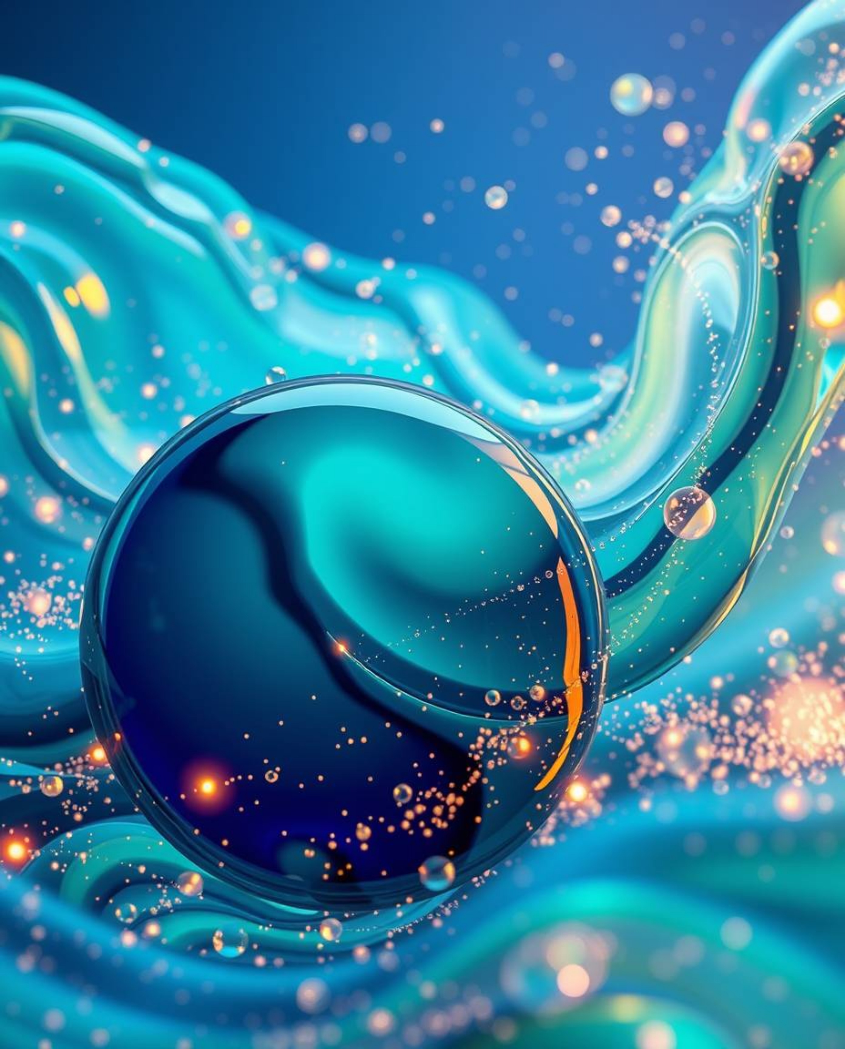 Explore captivating 3D fluid shapes in motion, surrounded by mesmerizing glowing particles.  This visually stunning artwork f