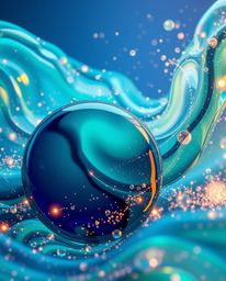 Explore captivating 3D fluid shapes in motion, surrounded by mesmerizing glowing particles.  This visually stunning artwork f