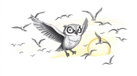 A heartwarming hand-drawn sketch in the style of Pixar depicts a gentle, expressive blind owl leading a flock of birds in fli