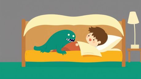 A charming, minimalist illustration depicts a child and a friendly monster sharing a space under the bed.  Created using a si