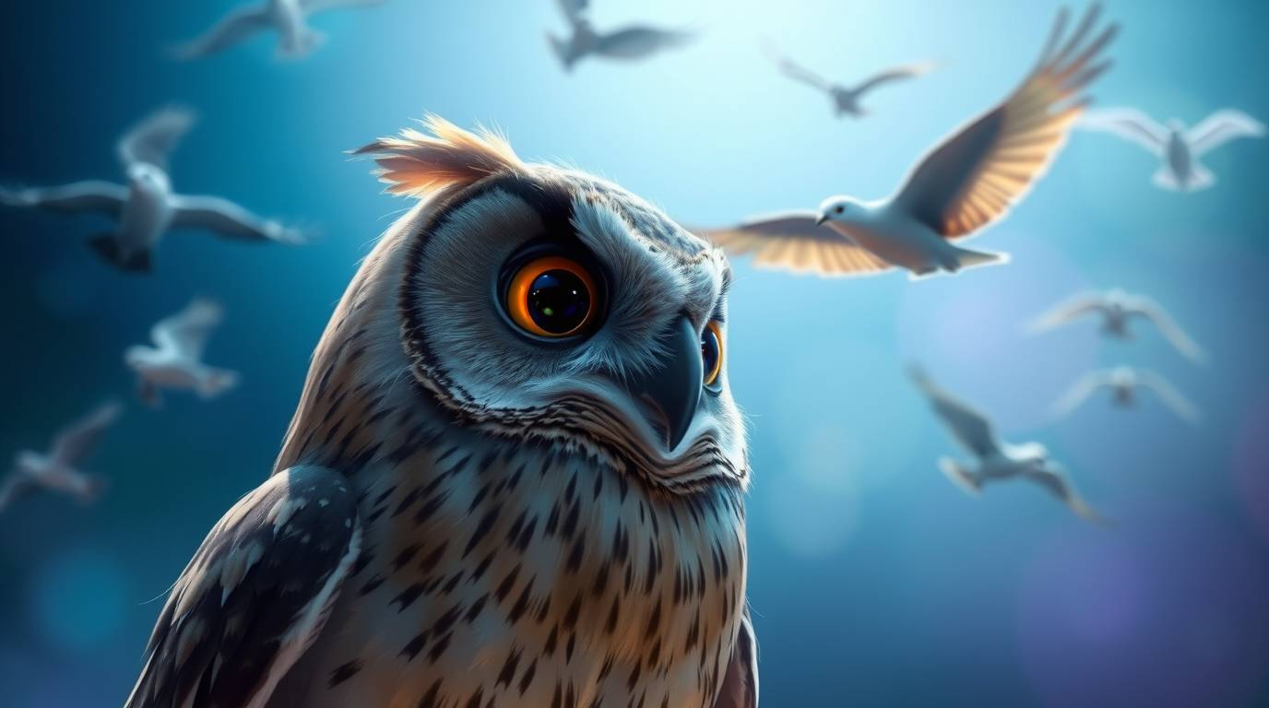 A cinematic digital painting, created with a long exposure effect, captures a blind owl in a Pixar animation style. With expr