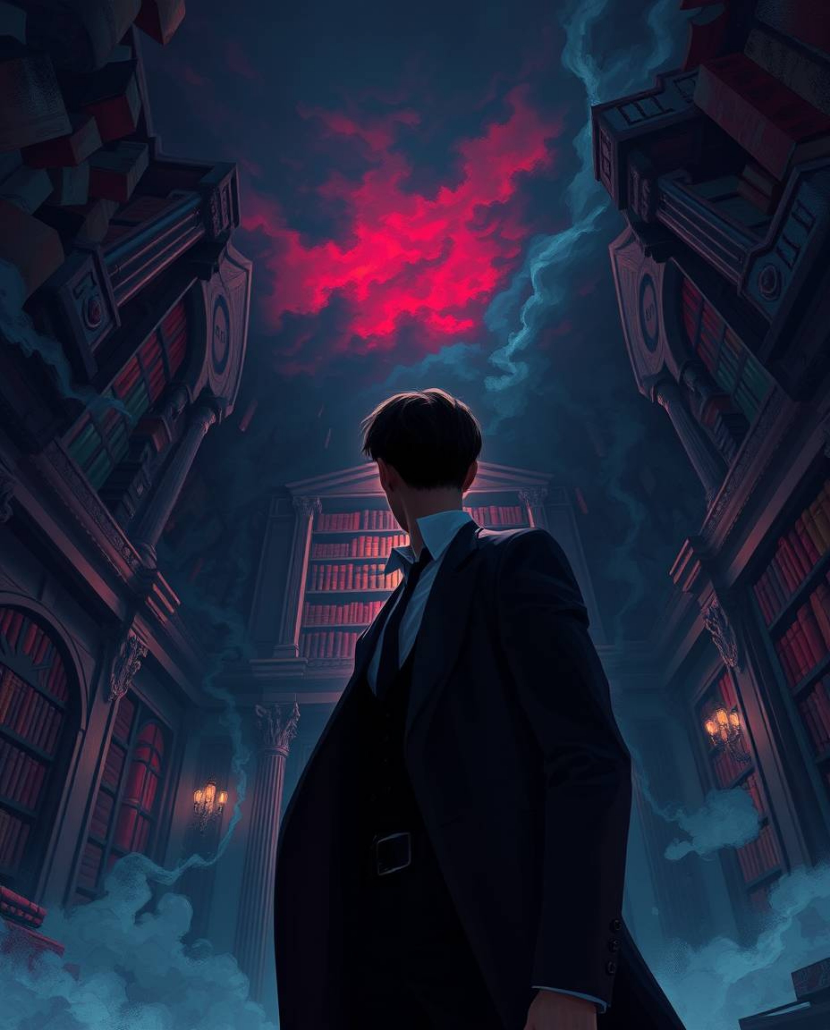 A captivating digital painting depicts a person's astonishing discovery of a hidden underground library. The artwork is rich 