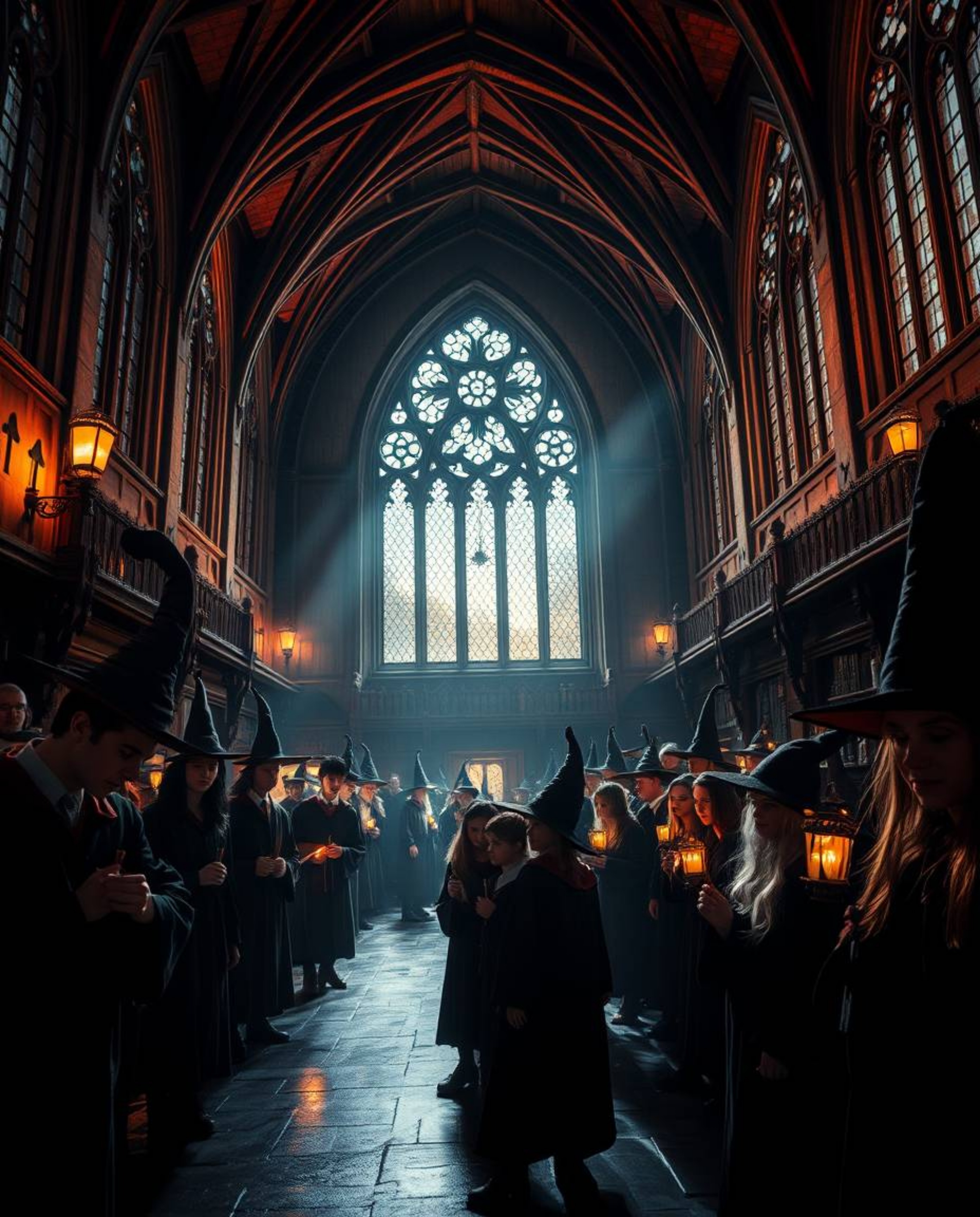 Immerse yourself in a scene of intense drama with this high-contrast rendering of a magical school teeming with young wizards