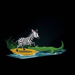 This design features a geometric logo inspired by dramatic lighting, portraying a 3D cartoon zebra escaping a friendly crocod