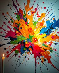 Experience a modern, future grand epic scene with a vibrant explosion of colorful paint splashes on a white canvas. This high