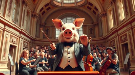 A precise architectural color photograph depicts an elegant pig character gracefully conducting an orchestra. The image featu