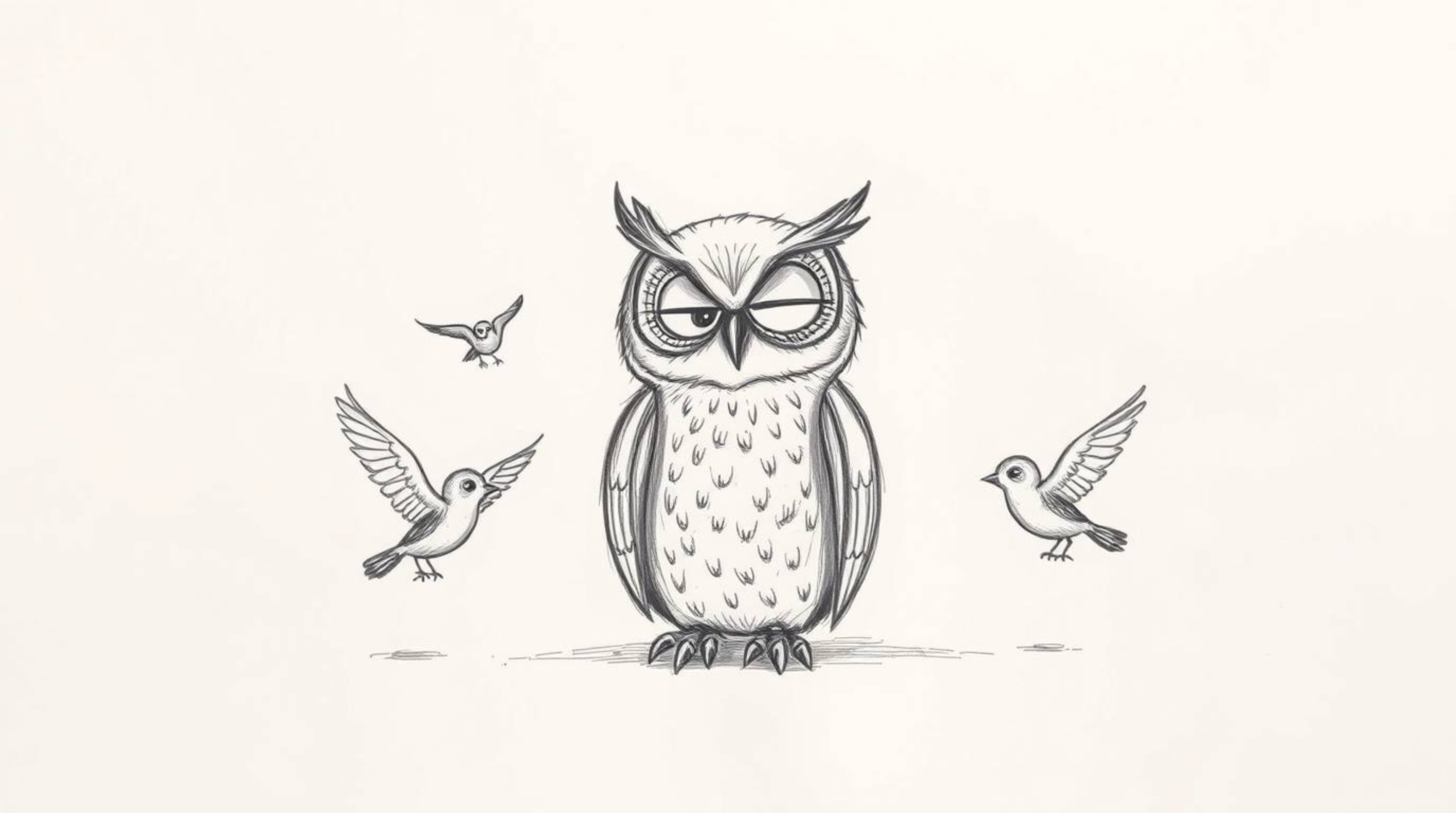 A heartwarming hand-drawn sketch in a Pixar-esque style depicts a blind owl gently teaching small birds to fly. The owl sits 