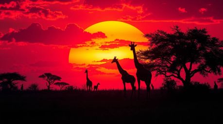 Experience a dreamlike surreal vision of the African savanna at sunset, showcasing silhouetted giraffes against a backdrop of