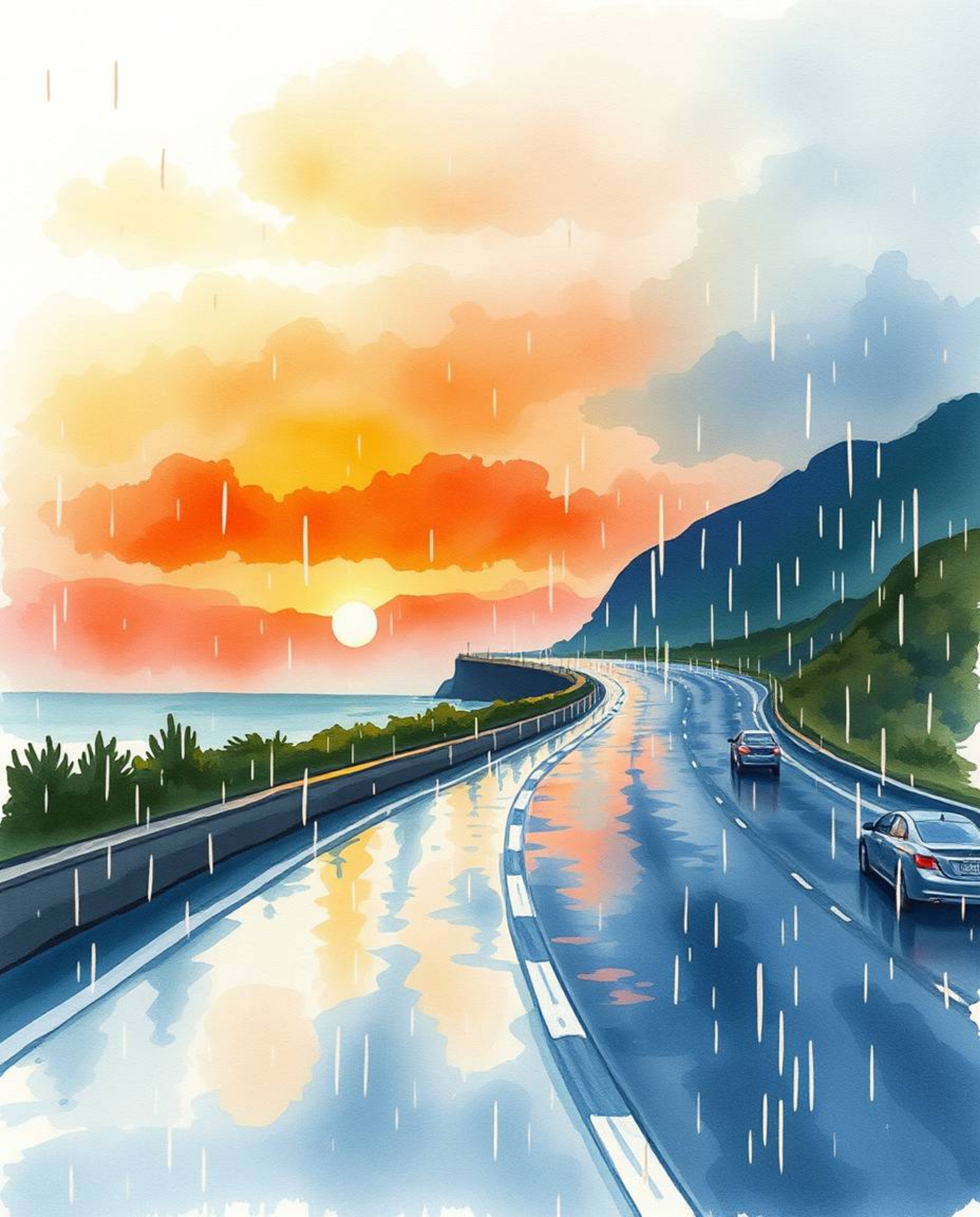 This is a delicate watercolor painting of a wet, rainy scene, featuring a sunset sky over a winding coastal highway. The arti
