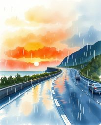 This is a delicate watercolor painting of a wet, rainy scene, featuring a sunset sky over a winding coastal highway. The arti