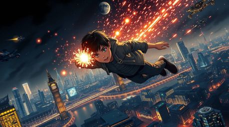 A captivating futuristic sci-fi illustration depicting a young boy with dark hair soaring above a neon-lit London skyline, pr