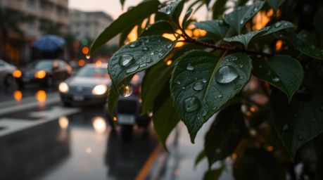 This candid street photography captures the essence of a wet, rainy urban environment, showcasing the beautiful sunset reflec