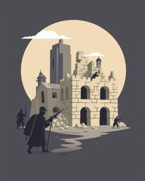 This artwork depicts a battlefield scene with time-warped soldiers and crumbling buildings rendered in a modern flat design s