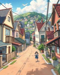 Experience a dynamic, anime-style depiction of a sleepy town bathed in pastel hues. This watercolor artwork features expressi