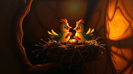 A captivating illustration in classic animation style depicts two cartoon birds diligently constructing a nest.  The artwork 