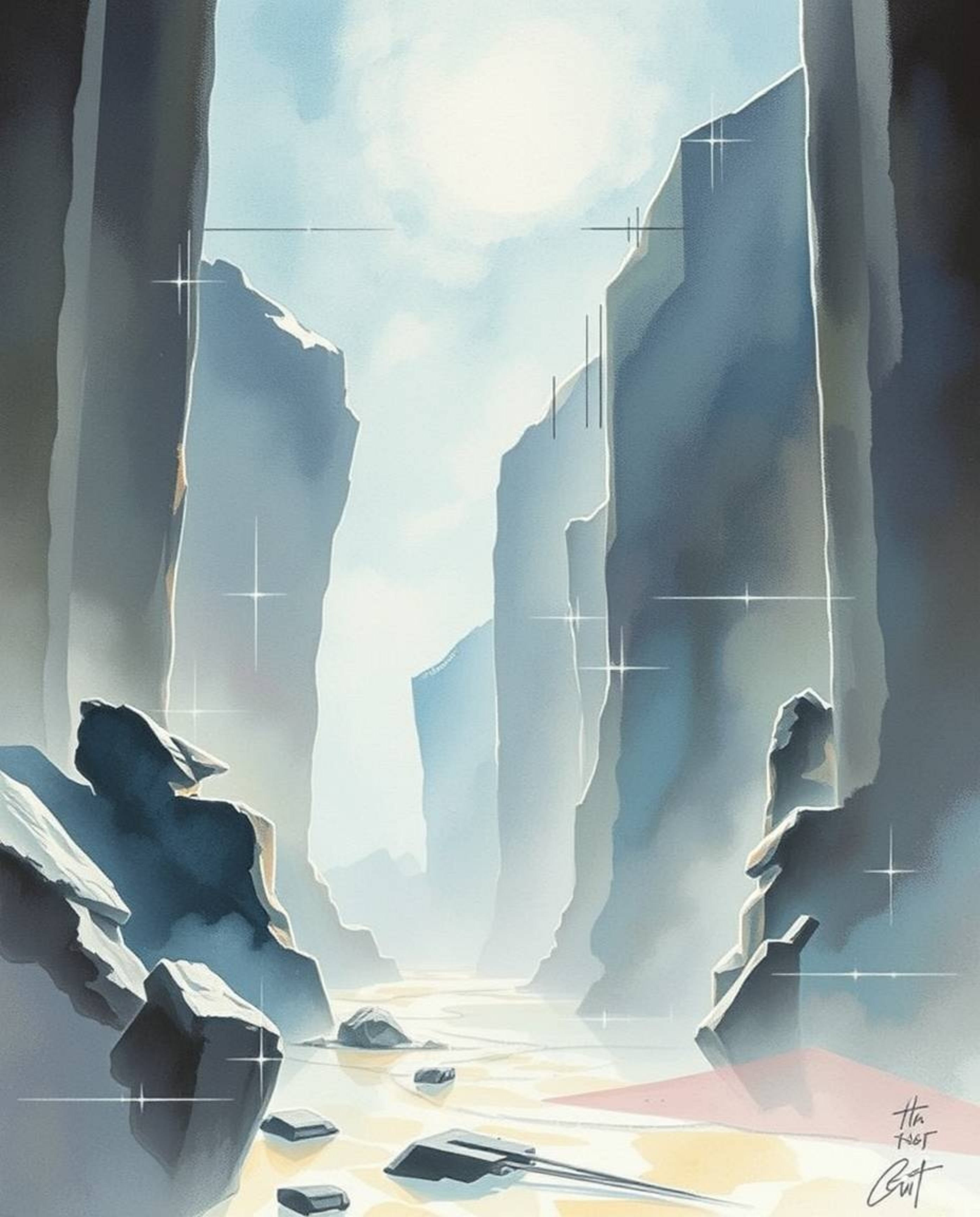 A mesmerizing watercolor painting depicts an epic, futuristic scene.  Abstract shapes, glitch effects, fragmentation, and sca