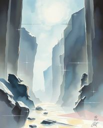 A mesmerizing watercolor painting depicts an epic, futuristic scene.  Abstract shapes, glitch effects, fragmentation, and sca