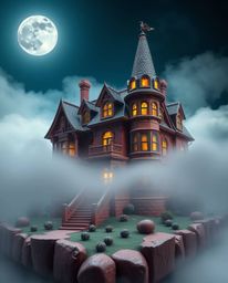A high-angle perspective showcases a fog-covered Victorian mansion bathed in moonlight, meticulously sculpted from clay with 
