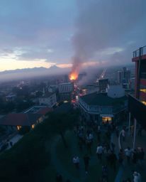 A dramatic high-angle perspective photograph captures a city ablaze, with people desperately fleeing the chaos. The scene is 