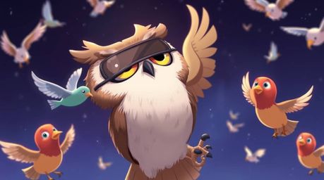 An expressive Isekai anime-style illustration portrays a blind owl, reminiscent of Pixar's animation, with large, emotive eye