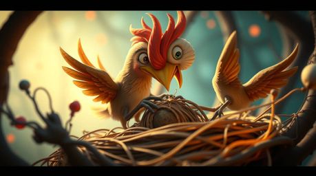 Witness two charming cartoon birds meticulously constructing their nest in a breathtaking classic animation style. This dream