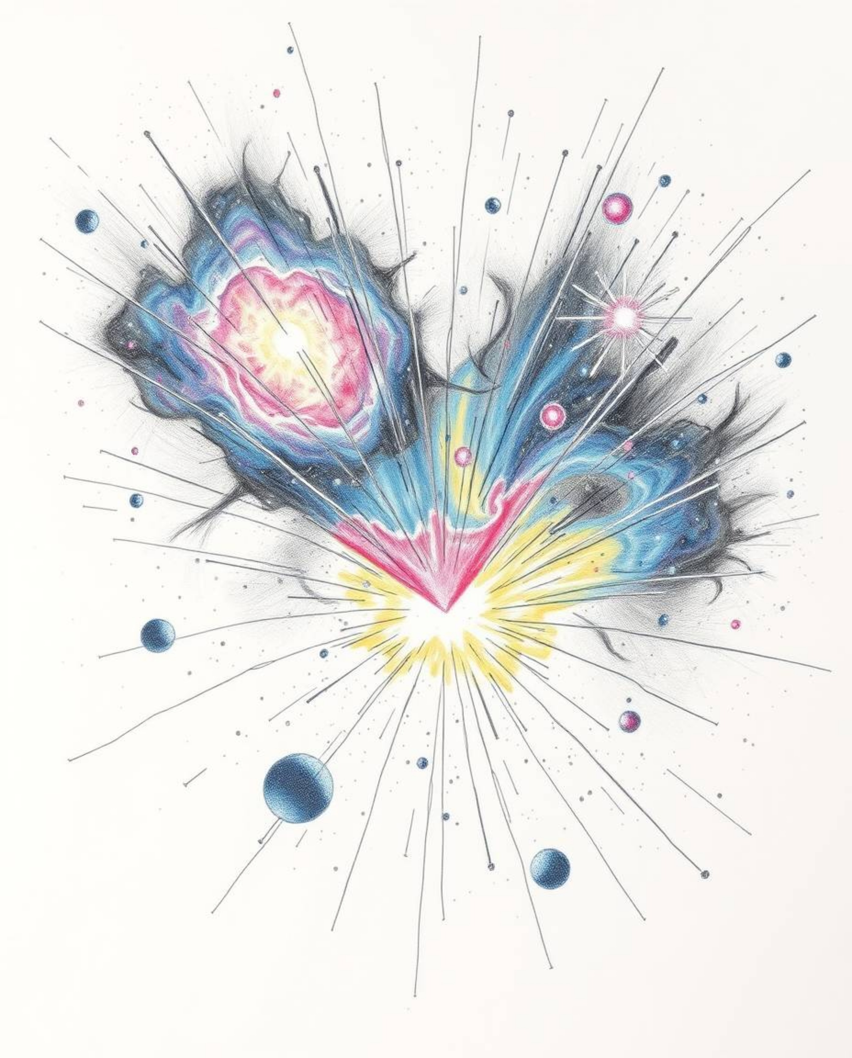 A captivating hand-drawn sketch depicts colliding galaxies in a vibrant cosmic explosion.  Rough pencil strokes and a soft fo