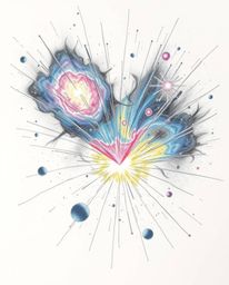 A captivating hand-drawn sketch depicts colliding galaxies in a vibrant cosmic explosion.  Rough pencil strokes and a soft fo