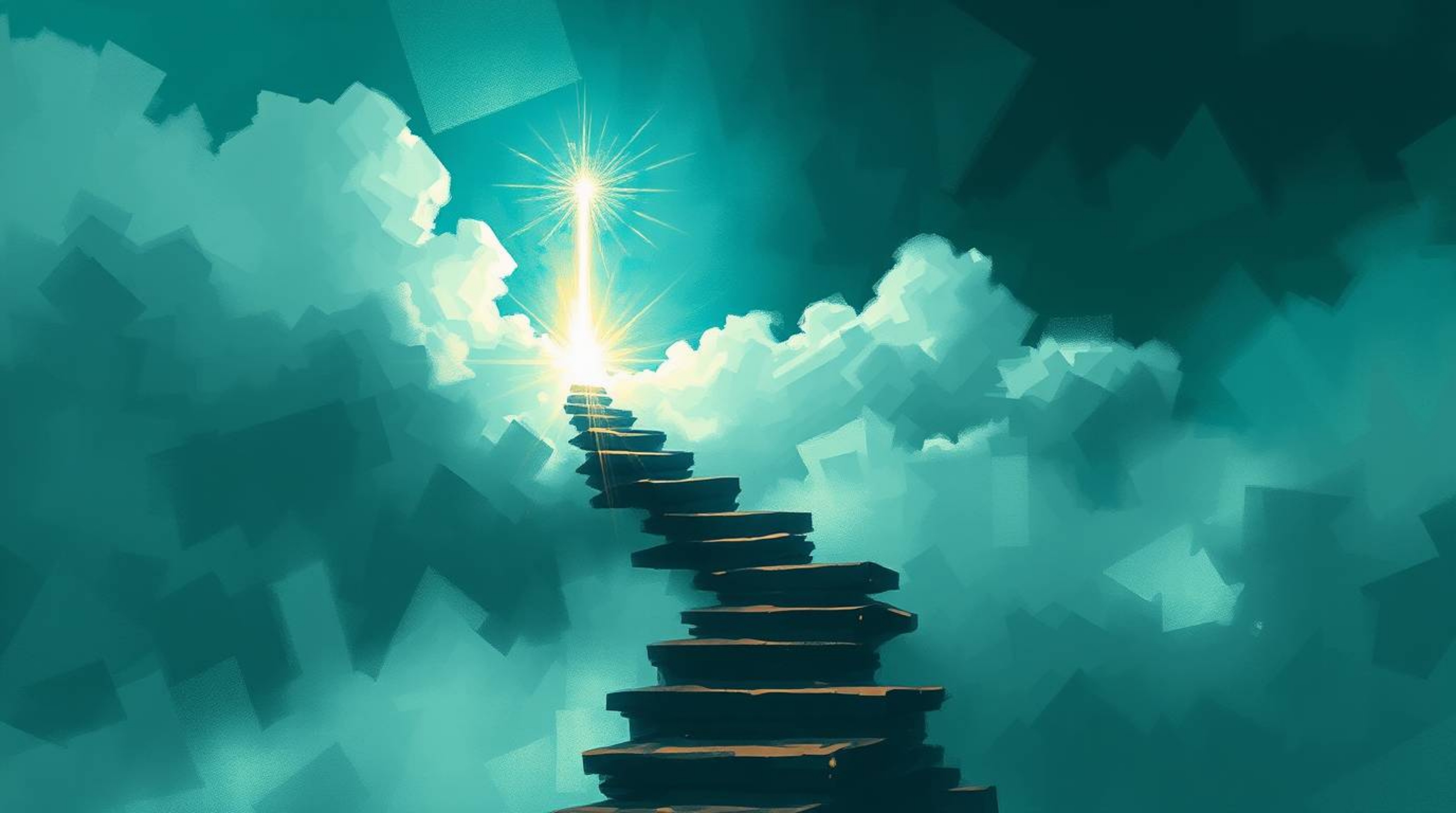 A captivating digital painting depicts a surreal stairway ascending through misty clouds towards a radiant celestial light.  