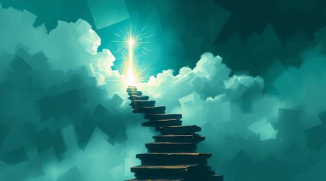 A captivating digital painting depicts a surreal stairway ascending through misty clouds towards a radiant celestial light.  