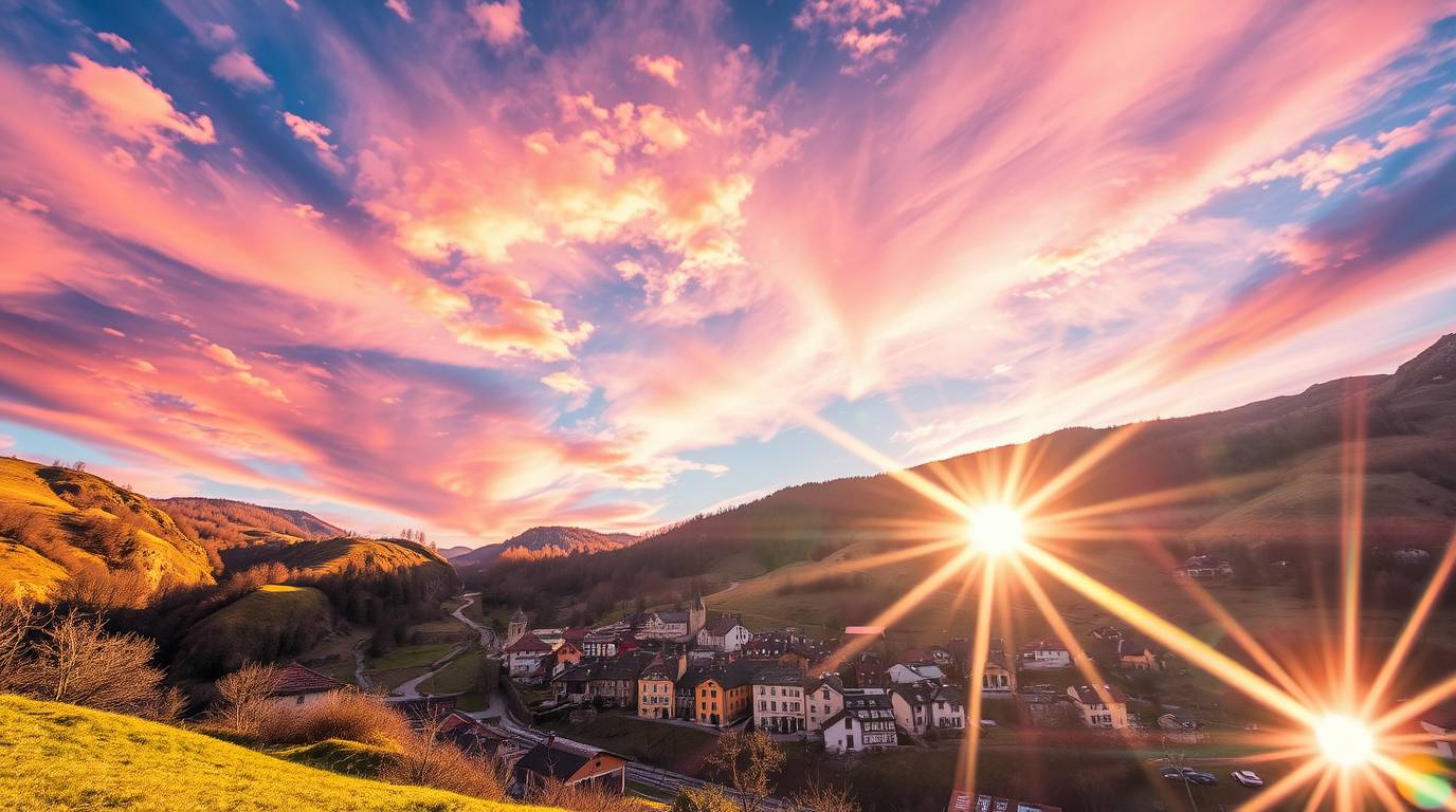 Experience the tranquility of a cozy village nestled in a picturesque valley, bathed in the warm glow of a vibrant sunset.  D