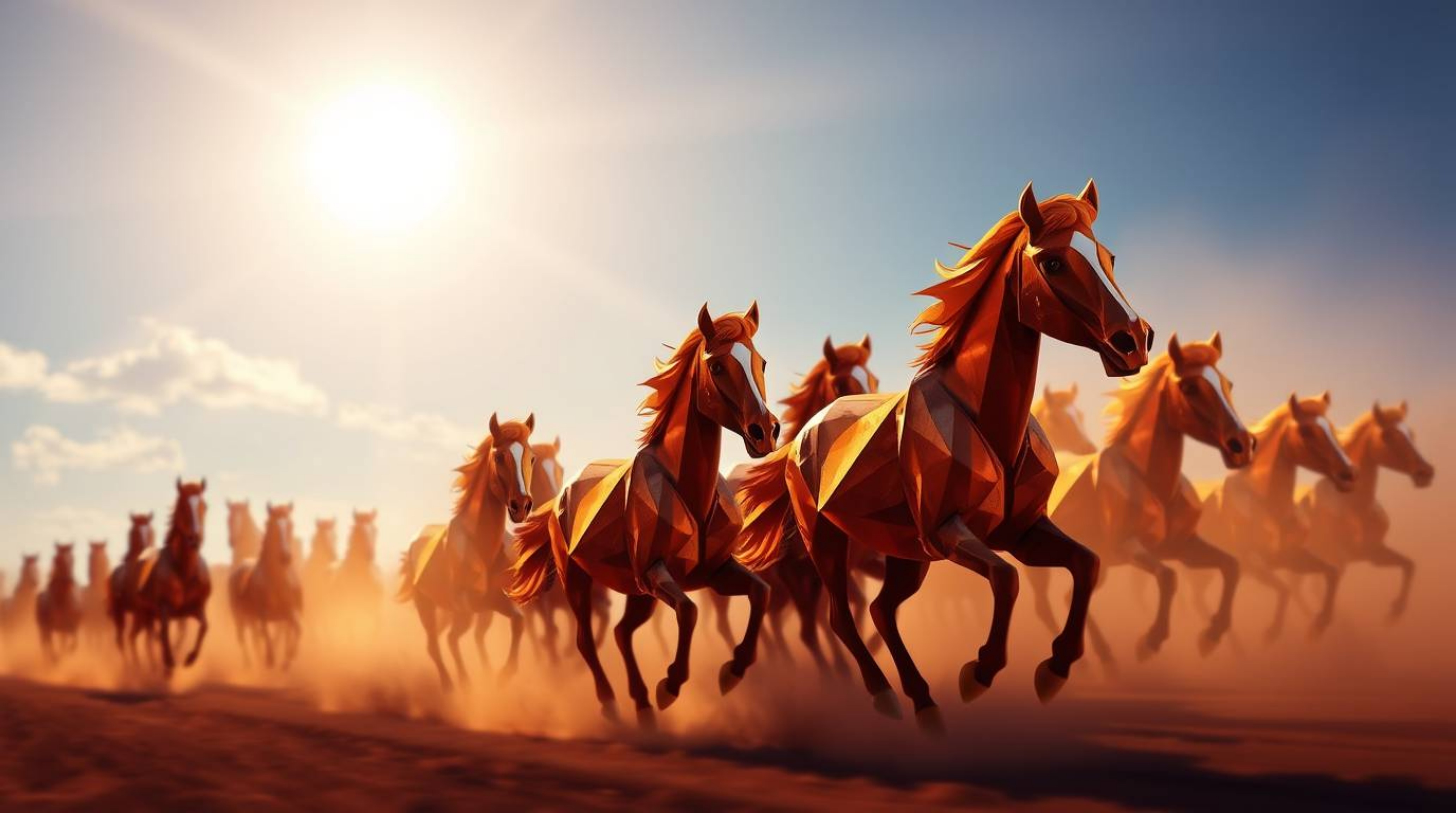 A captivating digital artwork showcasing a herd of wild horses galloping beneath a radiant, glowing sky. Rendered with intri