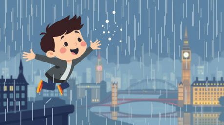 A modern flat design illustration depicts a wet, rainy scene where a young boy with simplified features is flying above Londo