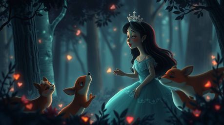 A captivating vintage 2D animation featuring a princess with an otherworldly appearance, singing alongside forest animals.  T