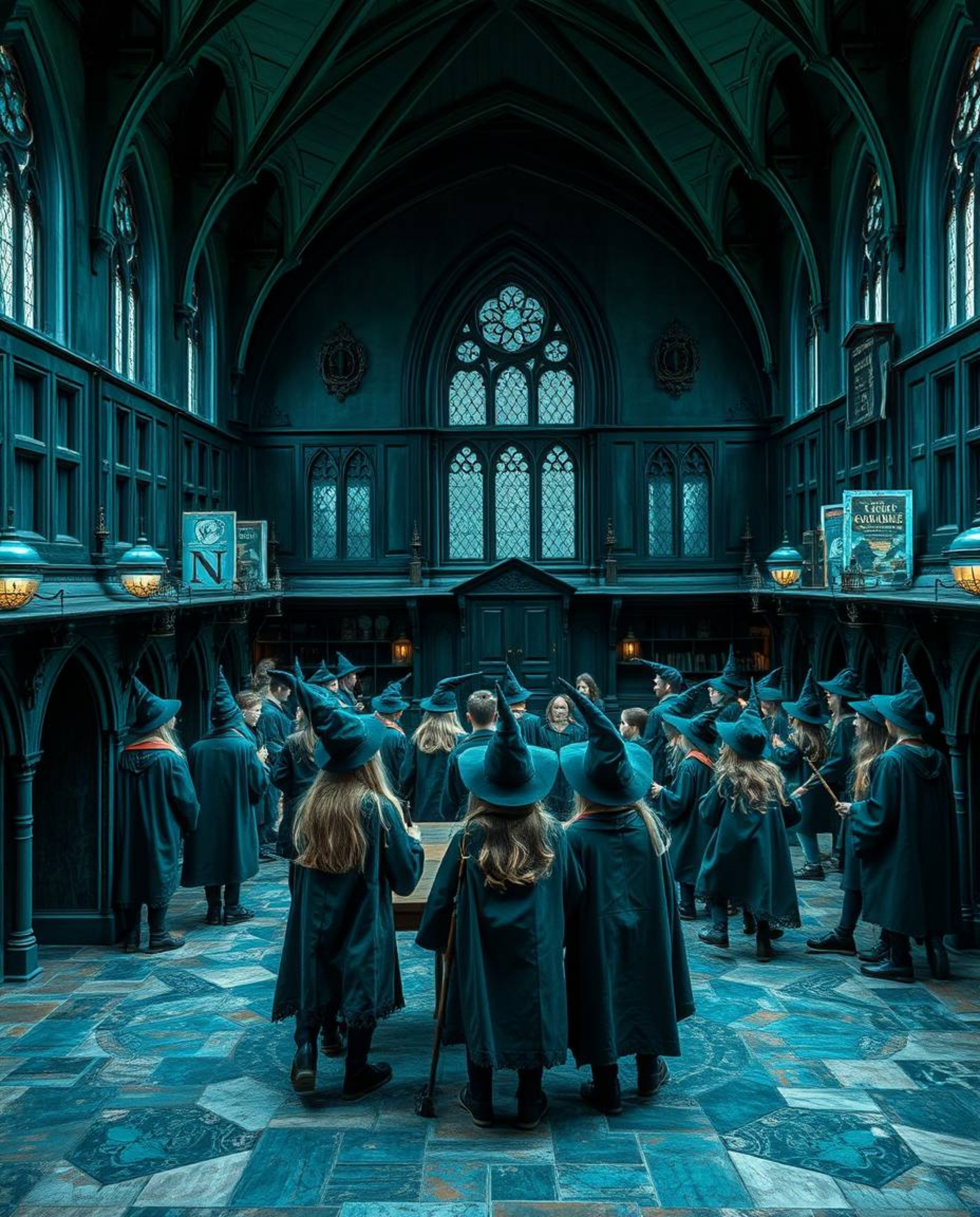 Discover a captivating image of a magical school brimming with young wizards.  Rendered in rich deep teal and cast bronze wit