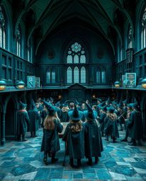 Discover a captivating image of a magical school brimming with young wizards.  Rendered in rich deep teal and cast bronze wit