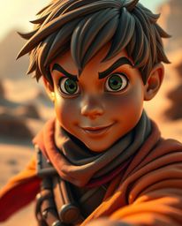An extreme macro close-up captures a brave Disney-style hero embarking on a desert adventure.  The image showcases vibrant, c