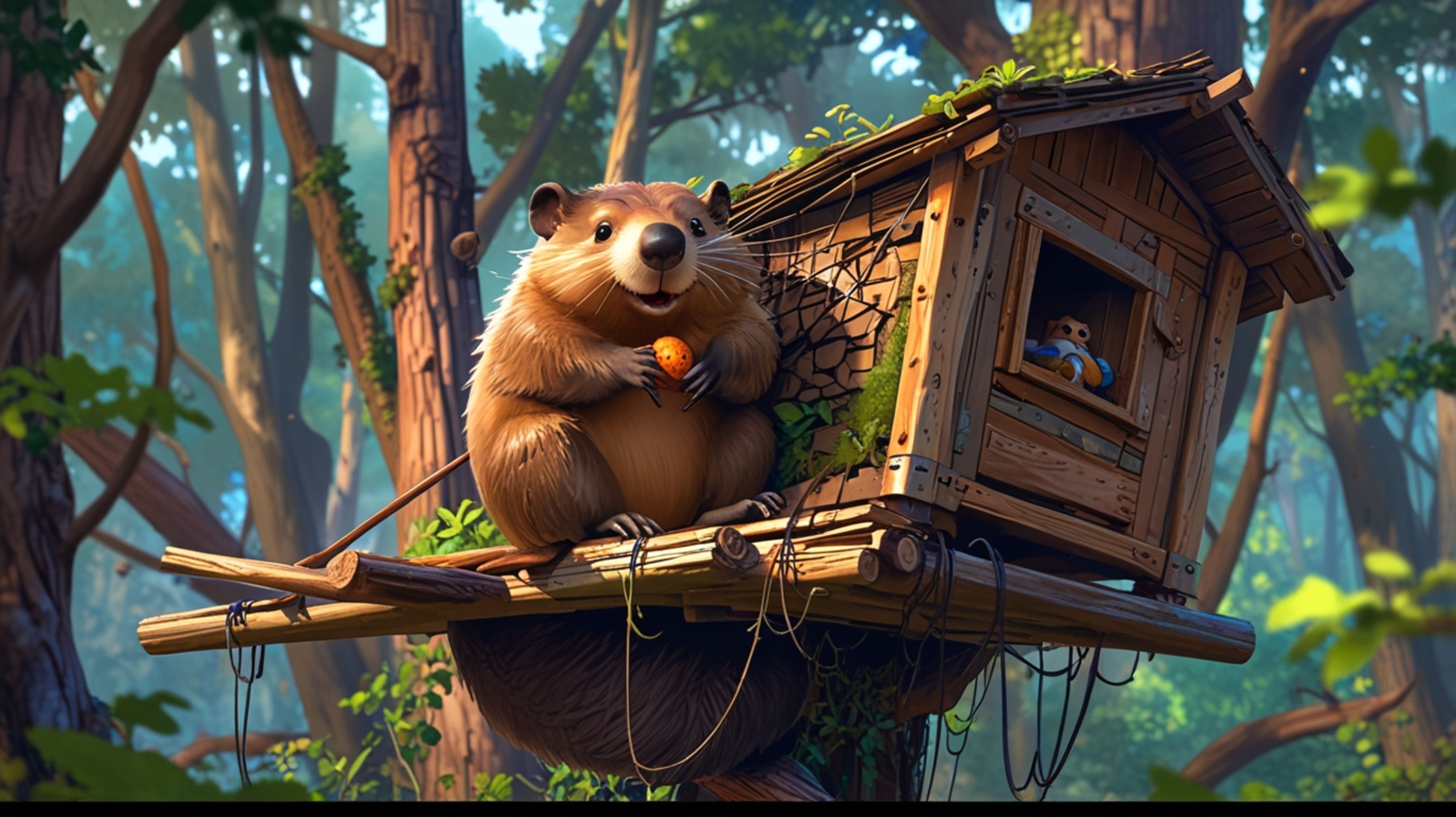 In a scene brimming with joy and energy, rendered in a delightful mix of Pixar and anime styles, a kind beaver who has just b