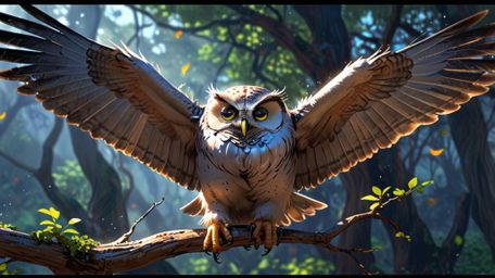 In an inspiring scene rendered with the emotional depth of Pixar and the stylistic flair of anime, a wise blind owl is perche