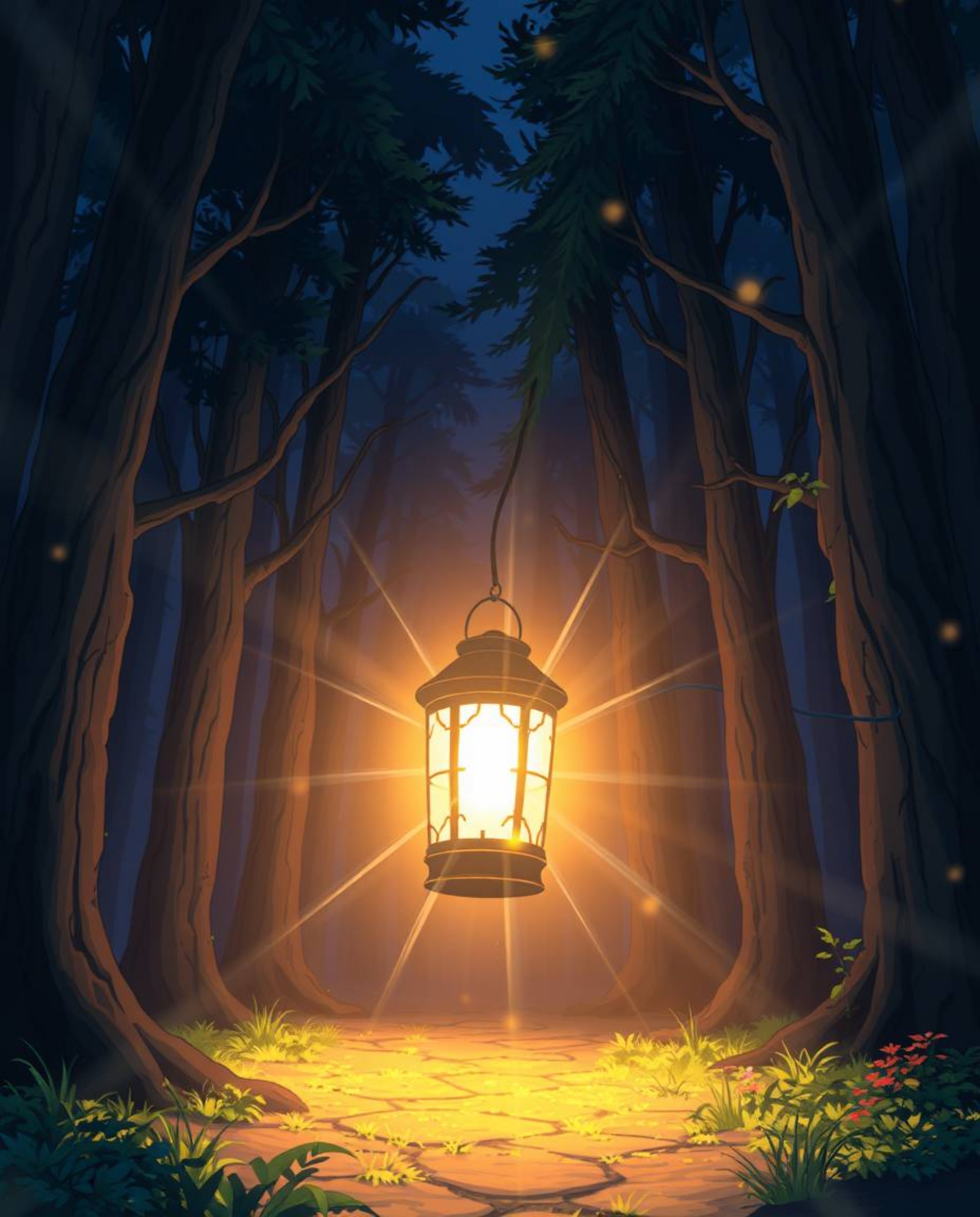 An Isekai anime-style depiction featuring a radiant lantern illuminating a dark forest creates an expressive composition with
