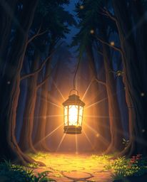 An Isekai anime-style depiction featuring a radiant lantern illuminating a dark forest creates an expressive composition with