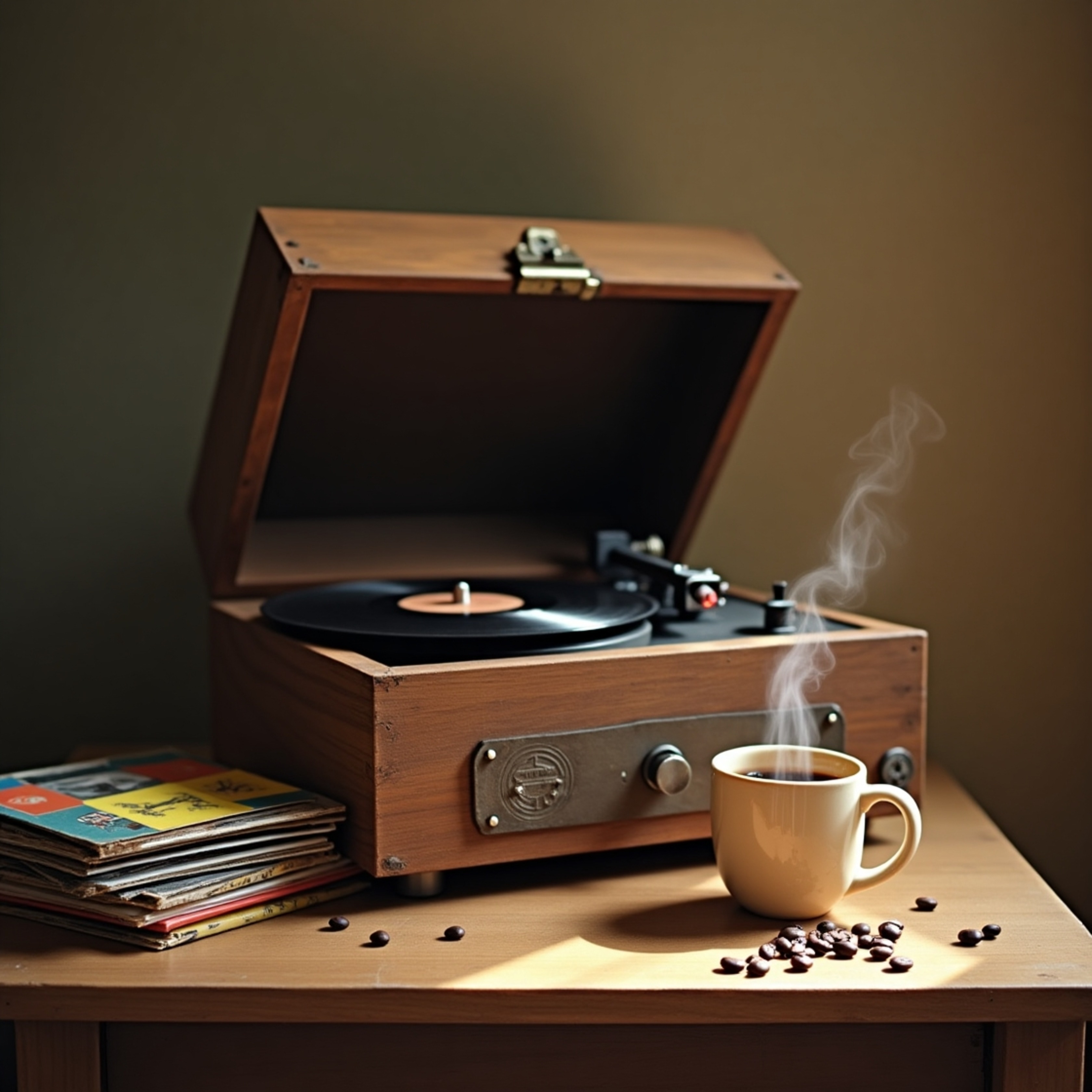 A captivating scene featuring a worn, wooden record player partially open, resting beside a stack of vintage vinyl records ad