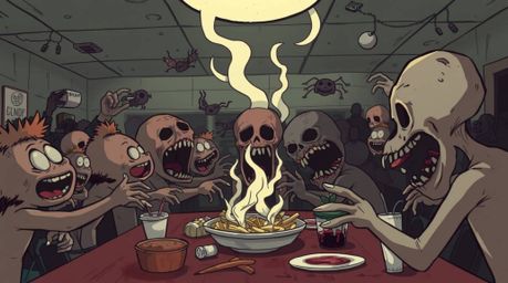 A dark and unsettling illustration of a cartoon cafeteria food fight rendered in eerie tones, complete with creepy details, i